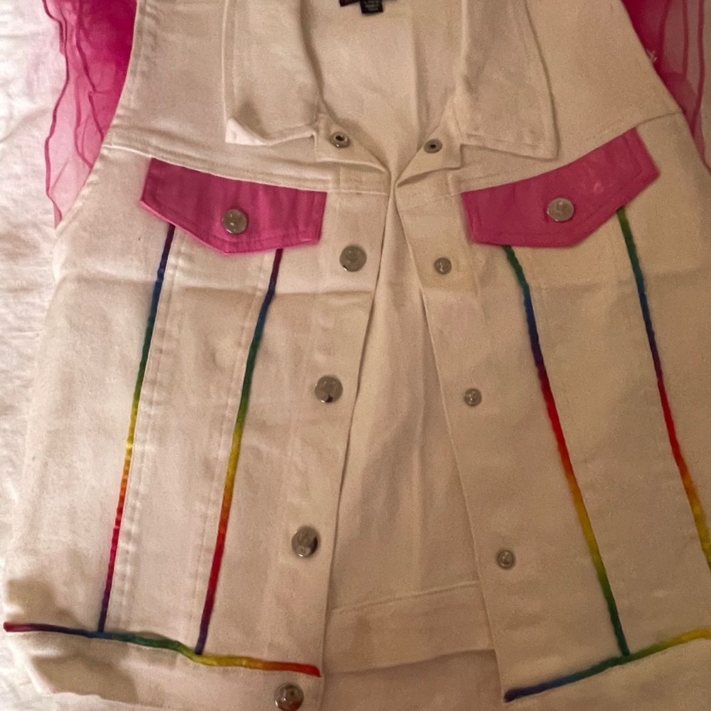 White Vest with Pink Accents and Rainbow Stripes